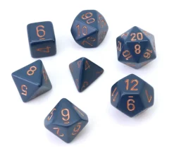 Set 7 dés multi-faces bleu-gris chiffres dorés.