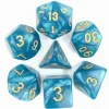 Set 7 dés multi-faces bleus nacrés chiffres or