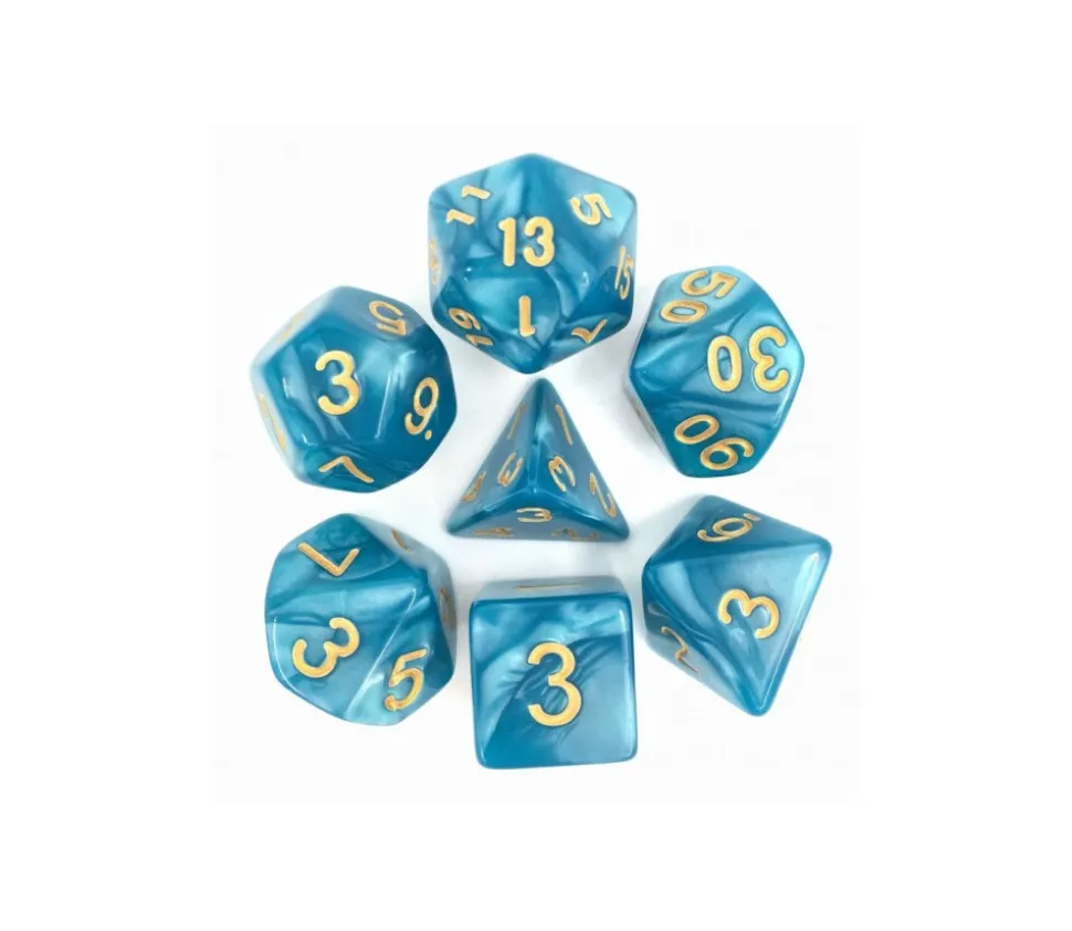 Set 7 dés multi-faces bleus nacrés chiffres or