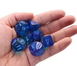 Set 7 dés multi-faces effet bleu pailleté Gemini