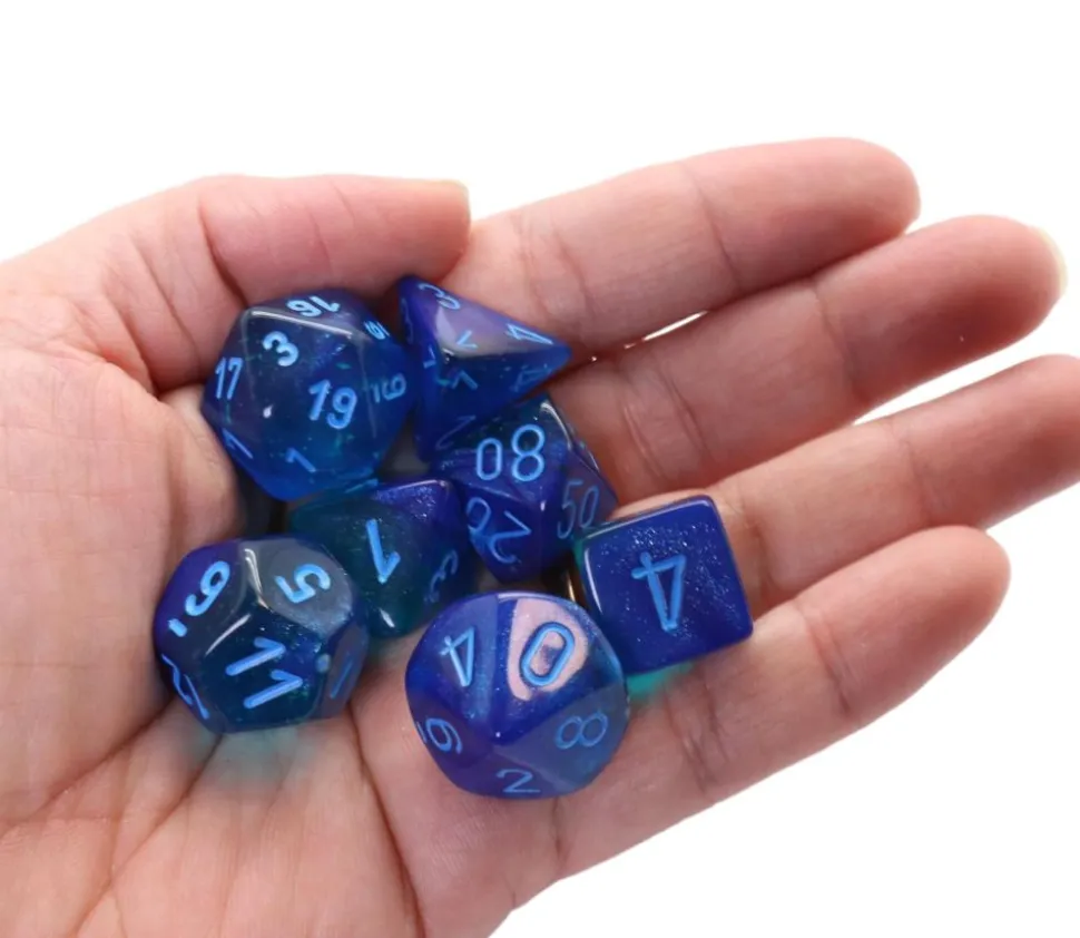 Set 7 dés multi-faces effet bleu pailleté Gemini