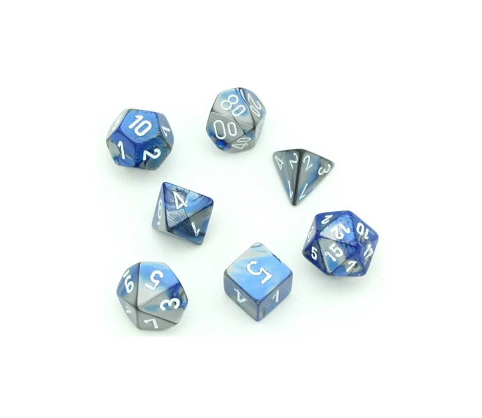 Set 7 dés multi-faces effet bleu et argenté