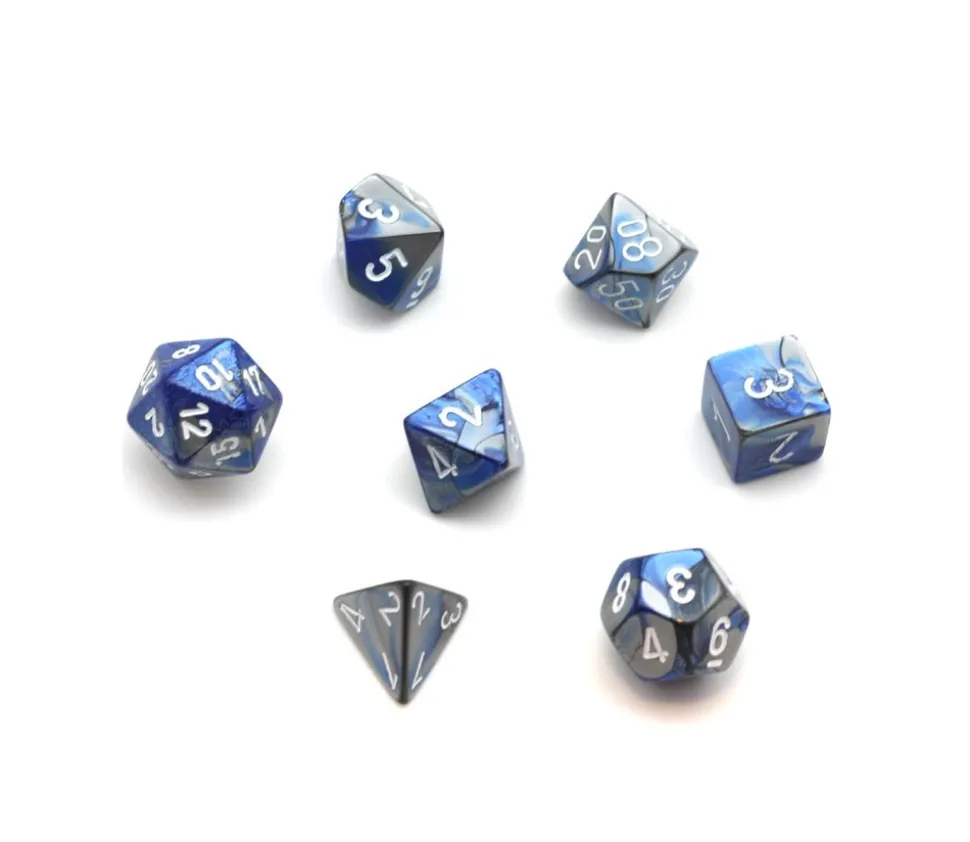 Set 7 dés multi-faces effet bleu et argenté