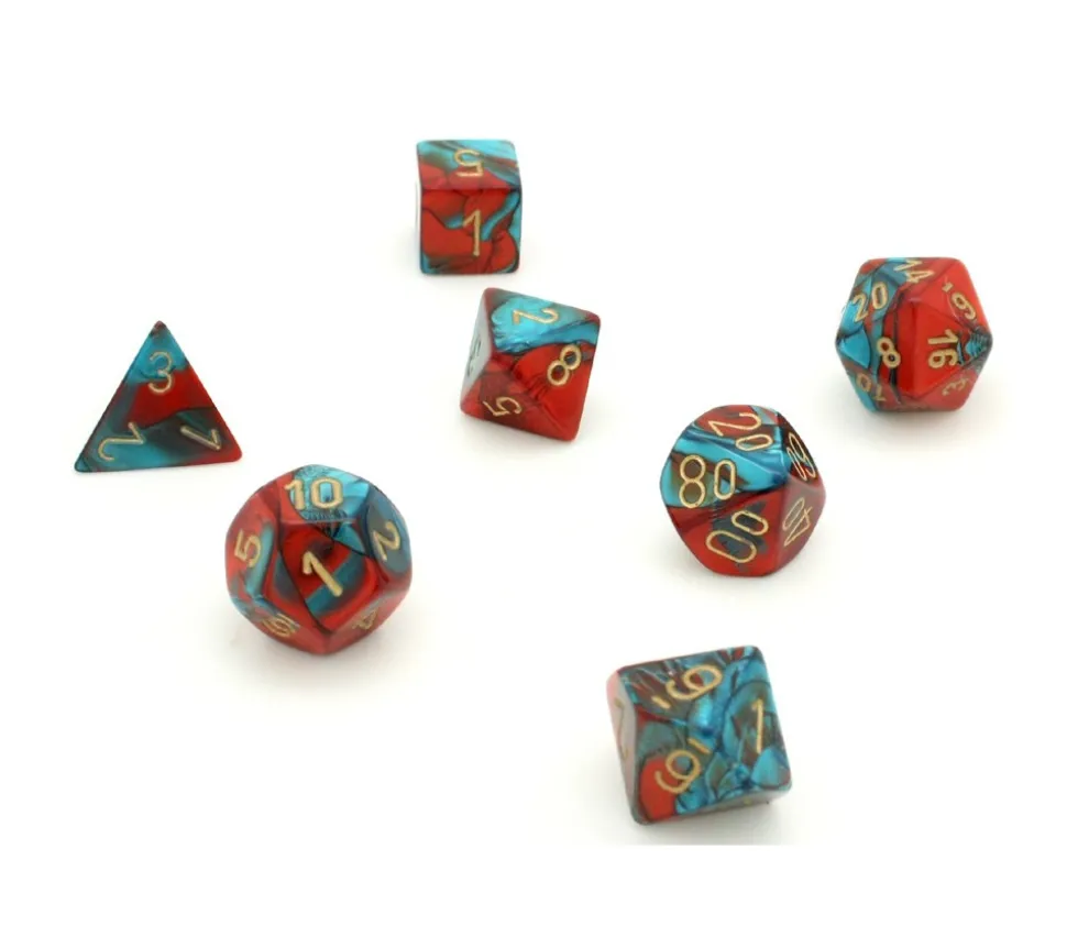 Set 7 dés multi-faces effet rouge et turquoise gemini