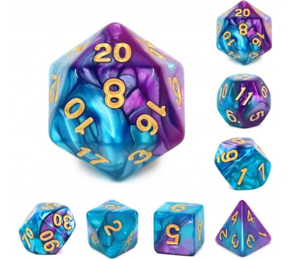 Set 7 dés multi-faces fusion bleu et violet nacré