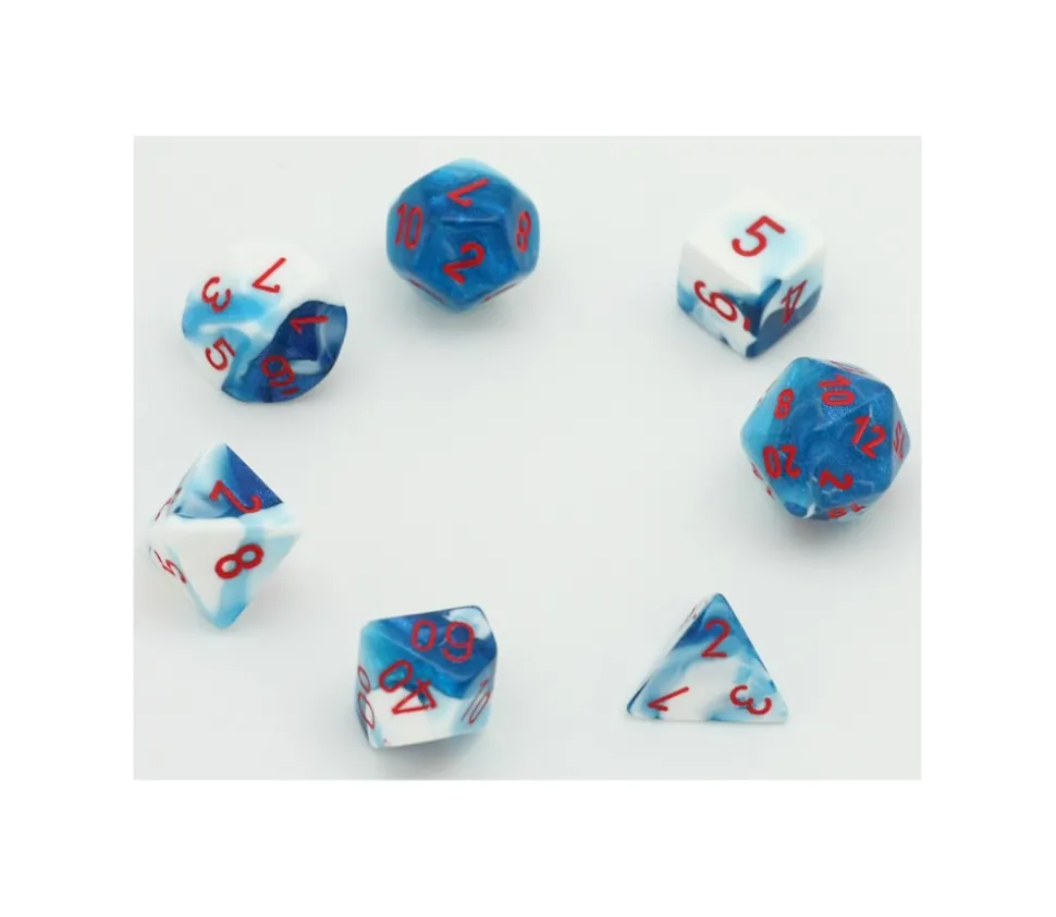 Set 7 dés multi-faces glacé nacré bleu-blanc points rouge