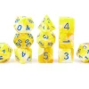 Set 11 dés multi-faces jaune et blanc crème gravage bleu