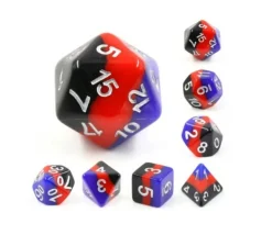 Set 7 dés multi-faces multicolores bleu, rouge, noir
