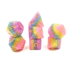 Set 7 dés multi-faces multicolores : violet bleu jaune rose