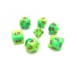Set 7 dés multi-faces nacrés verts et jaunes