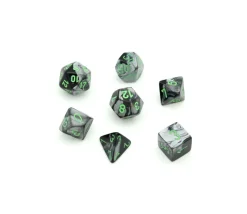 Set 7 dés multi-faces noir gris avec chiffres verts