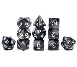 Set 11 dés multi-faces noirs nacrés (chiffres blancs)