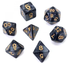 Set 7 dés multi-faces noirs nacrés chiffres or
