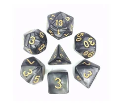 Set 7 dés multi-faces noirs nacrés chiffres or
