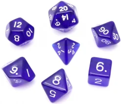 Set 7 dés multifaces translucides BLEU