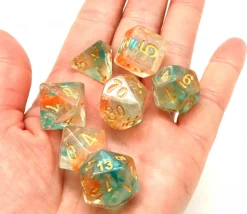 Set 7 dés multi-faces translucide et vert pailletés