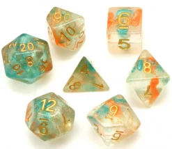 Set 7 dés multi-faces translucide et vert pailletés