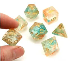 Set 7 dés multi-faces translucide et vert pailletés