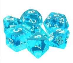 Set 7 dés multi-faces translucides bleus