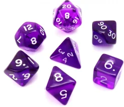 Set 7 dés multifaces translucides VIOLET