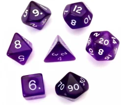 Set 7 dés multifaces translucides VIOLET