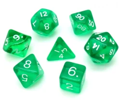 Set 7 dés multifaces translucides VERT
