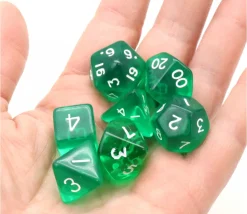 Set 7 dés multifaces translucides VERT