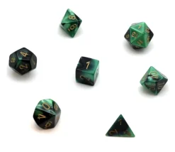 Set 7 dés multi-faces vert-noir gravage doré.