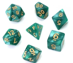 Set 7 dés multi-faces verts nacrés chiffres or
