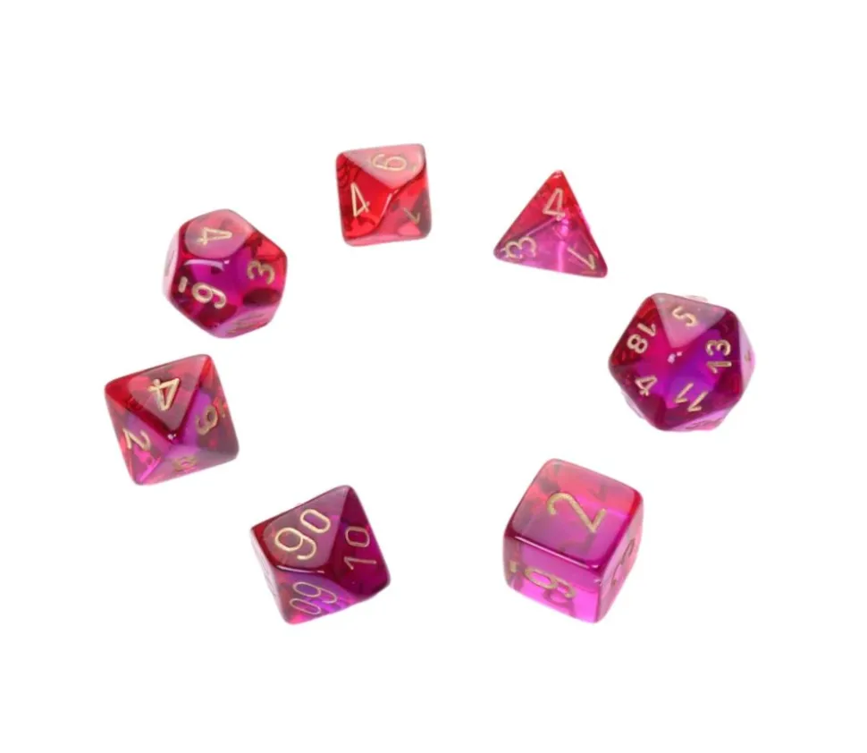 Set 7 dés multi-faces violet et rouge translucide chiffres dorés