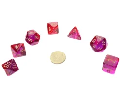 Set 7 dés multi-faces violet et rouge translucide chiffres dorés