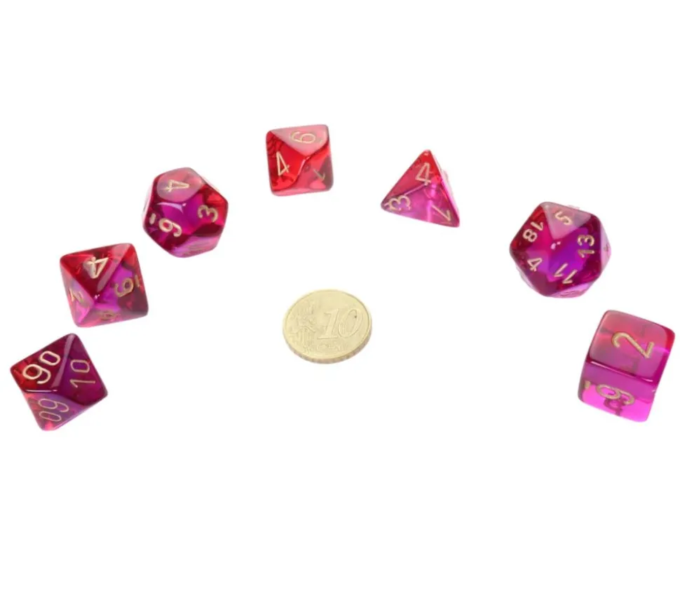 Set 7 dés multi-faces violet et rouge translucide chiffres dorés