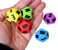 Set 5 gros Dés lettres 12 faces colorés Jumbo