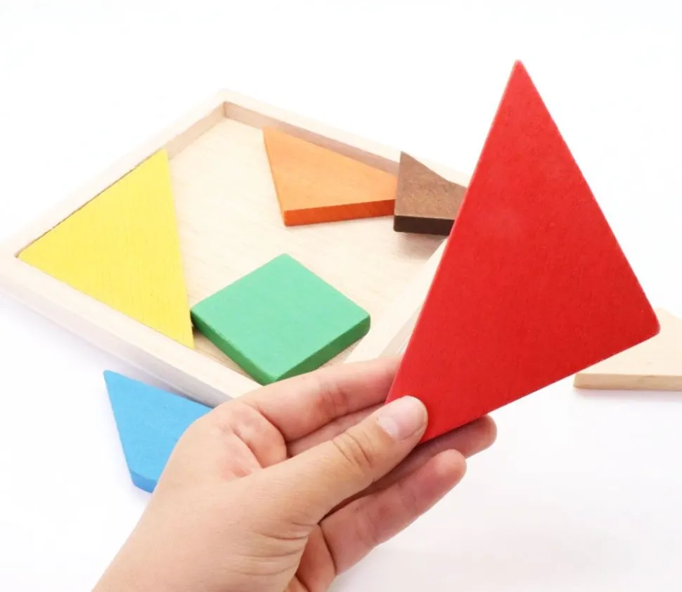 Tangram bois multicolore 16.5 cm cadre puzzle. Fabrication Jura