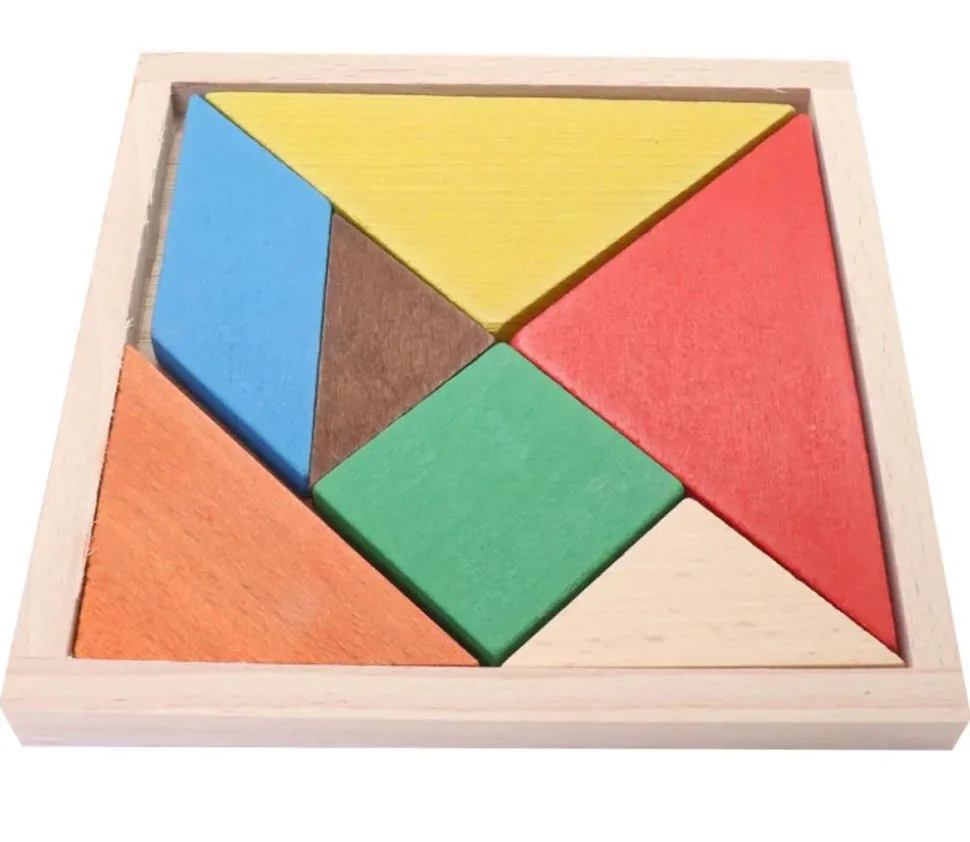 Tangram bois multicolore 16.5 cm cadre puzzle. Fabrication Jura