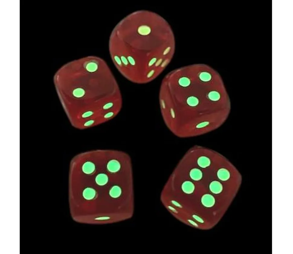Tube 5 Dés phosphorescents 16 mm points 1 à 6