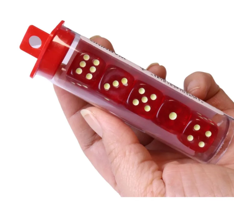 Tube 5 Dés phosphorescents 16 mm points 1 à 6